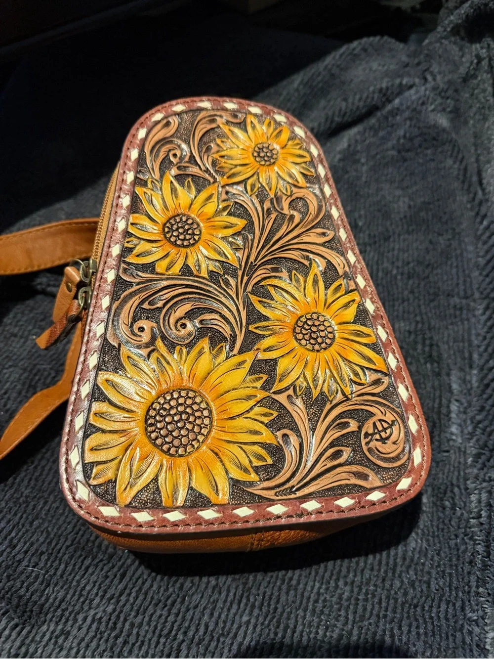 Hand-Tooled Sunflower concealed carry sling Bag